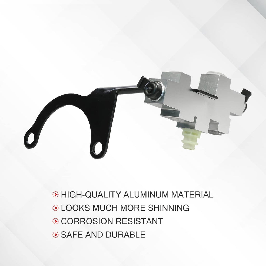 Brake proportioning valve with black mounting bracket and silver body, green plastic outlet