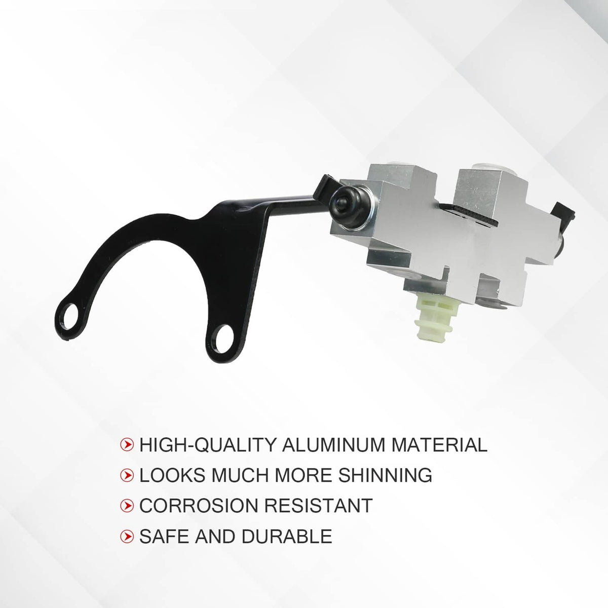 Brake proportioning valve with black mounting bracket and silver body, green plastic outlet