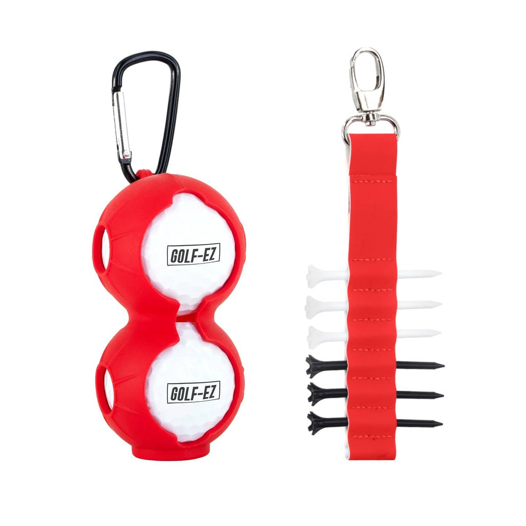 Red golf ball marker set with two markers and matching red strap case