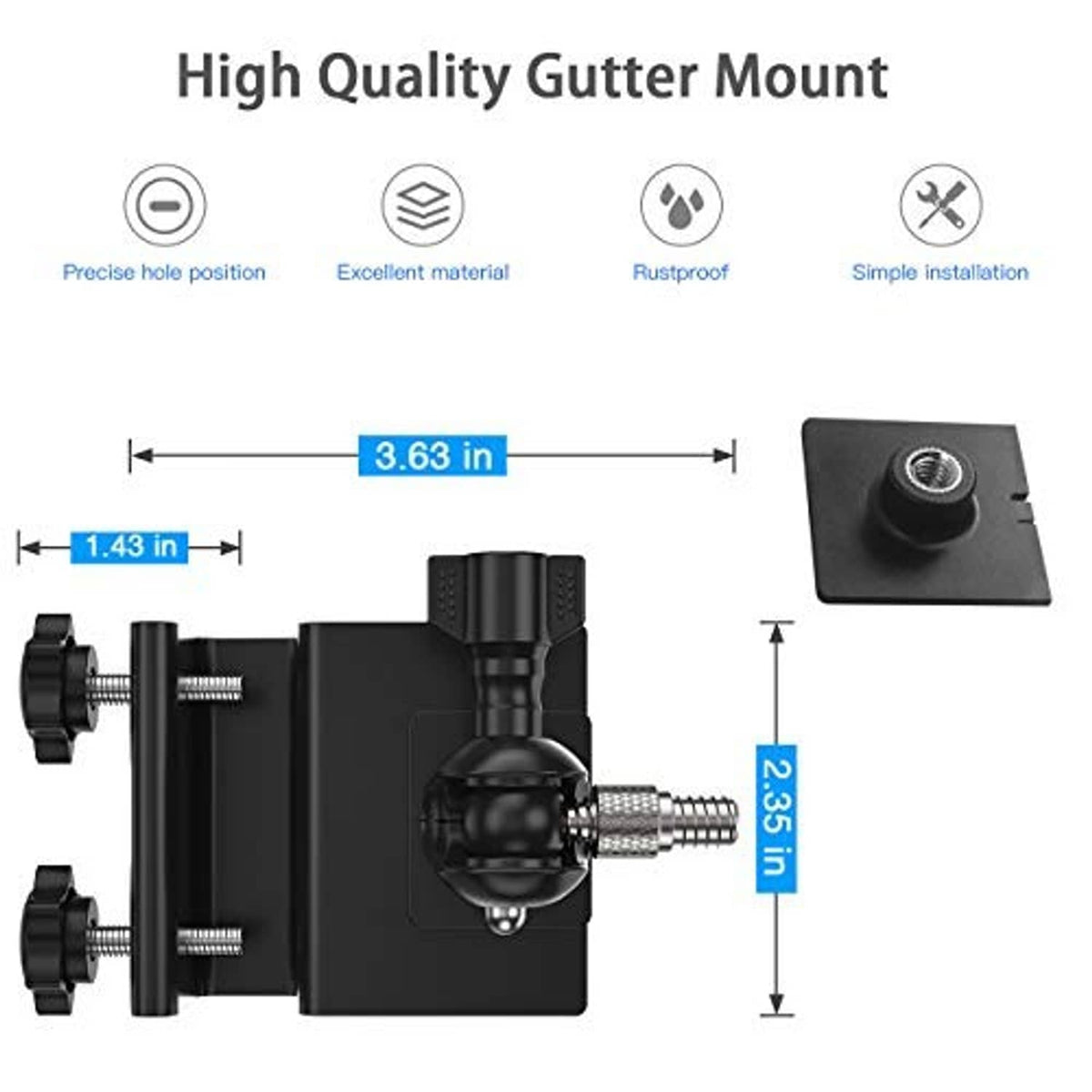 Black gutter mount with square base and included threaded hardware with measurements