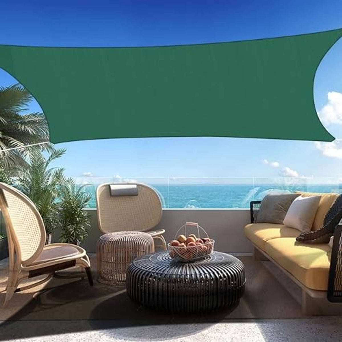 Green rectangle sun shade sail canopy stretched overhead with curved corner edge