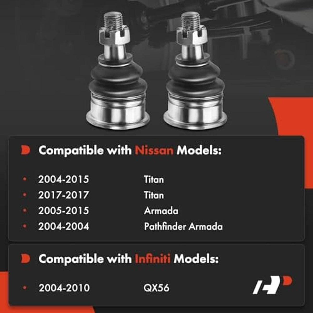 Front upper ball joint pair with black rubber boots and chrome metal housings