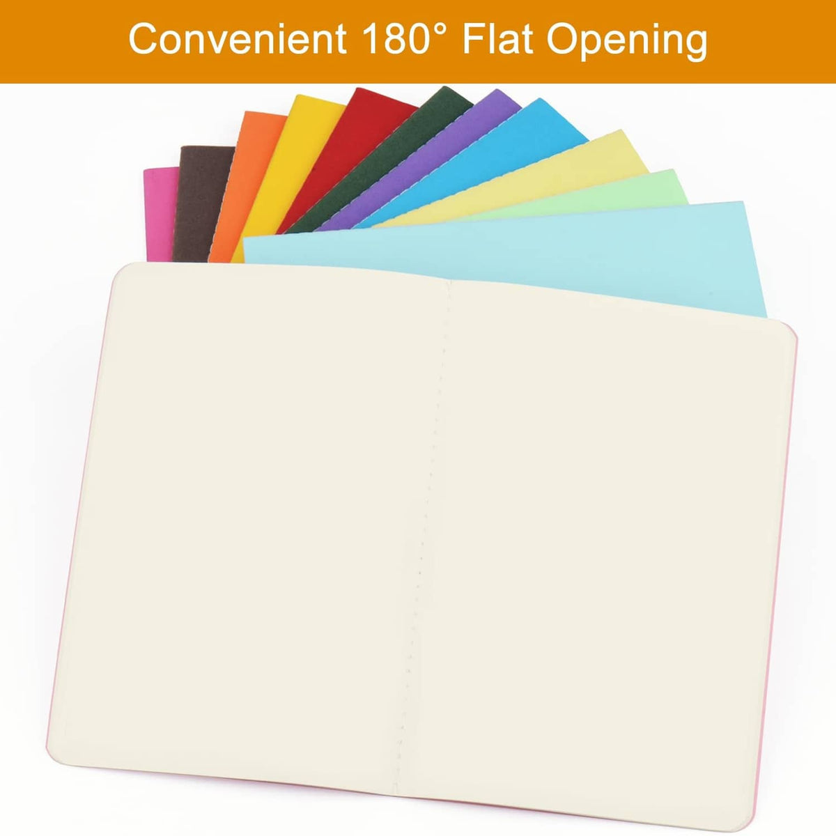 Open A5 blank notebook with 180° flat lay and cream pages, surrounded by colored covers