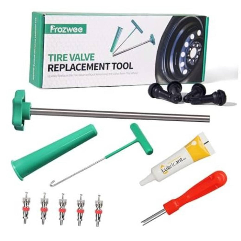 Tire valve replacement tool kit with green handle, T-hook, lubricant, and spare cores