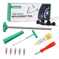 Tire valve replacement tool kit with green handle, T-hook, lubricant, and spare cores