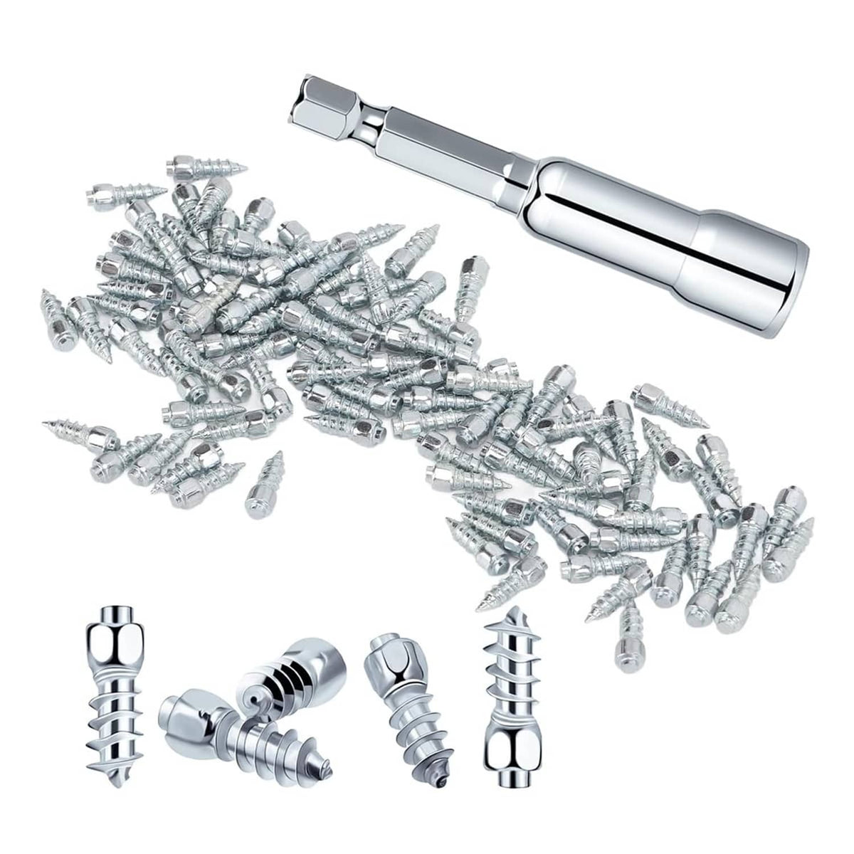 Car tire anti-slip screw studs set with silver installation tool, 50 pieces
