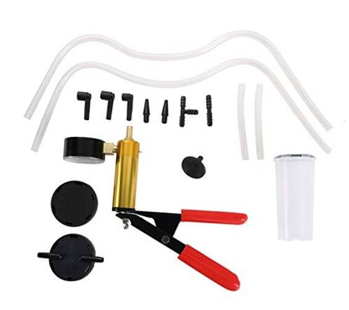 Vacuum pump tester set components: gauge, hand bleeder tool, hoses, and adapters