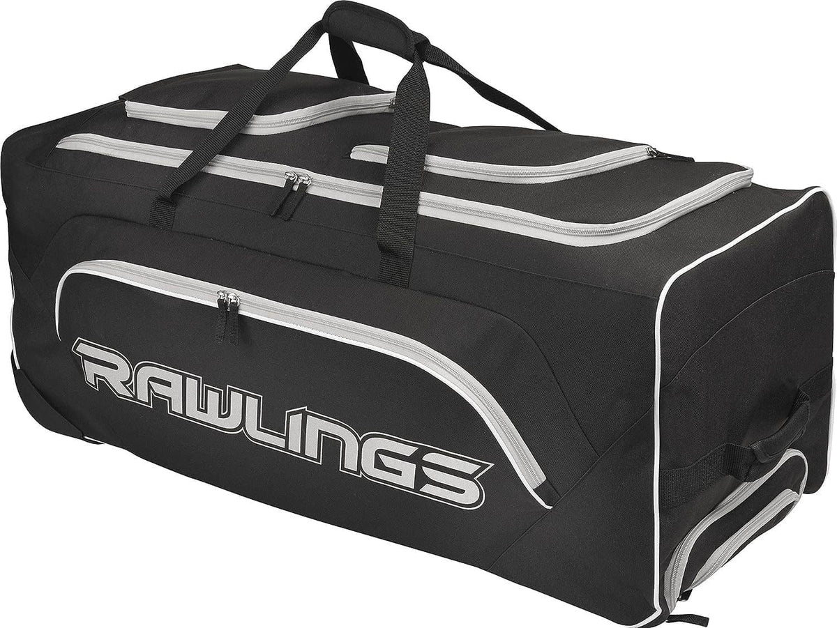 Wheeled Rawlings catcher’s bag, black with white piping and front Rawlings logo