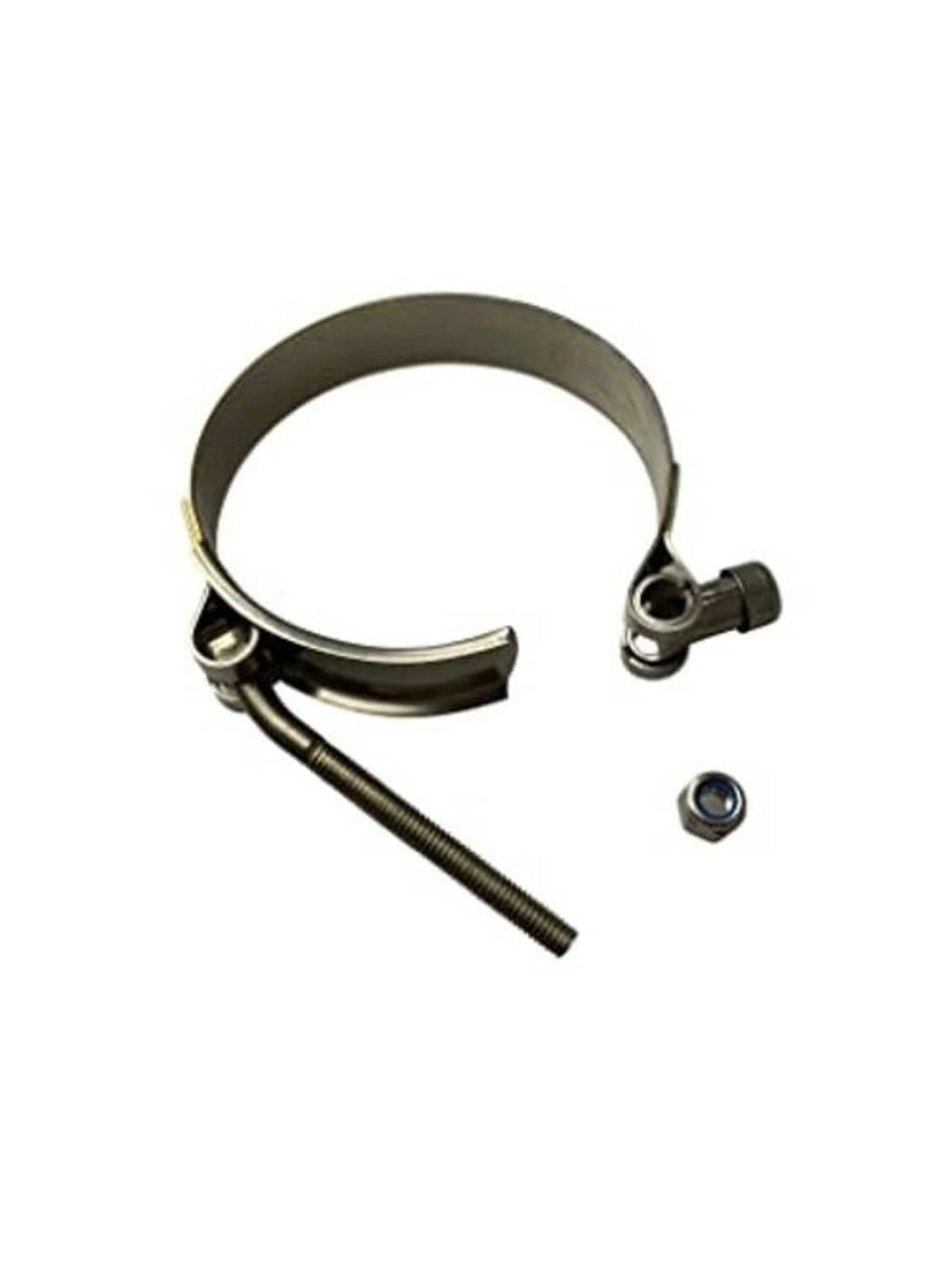 Stainless steel T-bolt hose clamp parts: band, spring, screw, and backing nut