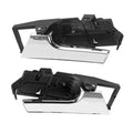 Interior door handle set with chrome lever and black mounting frame, front view pair