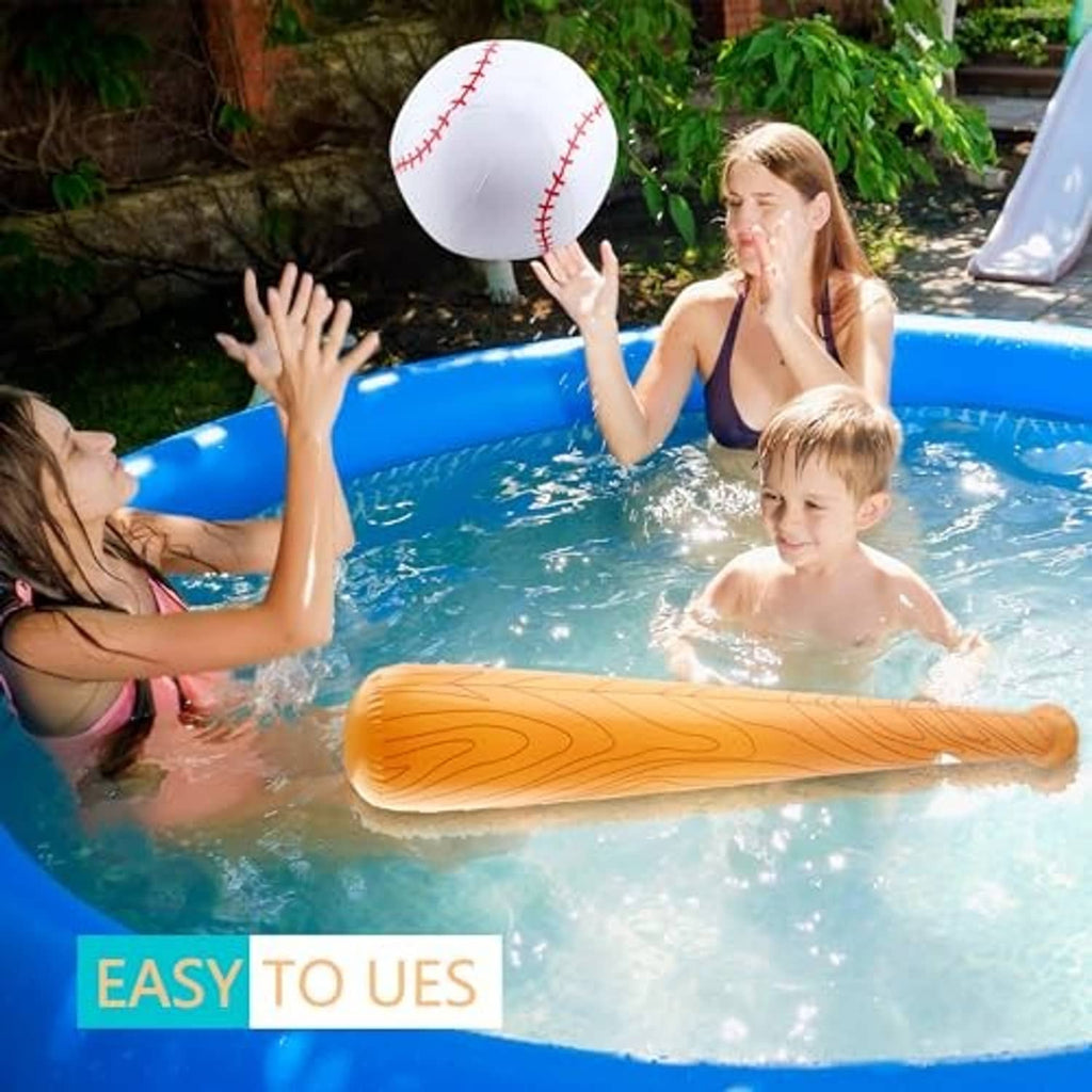 Orange inflatable baseball bat in woodgrain pattern, held by children in a pool