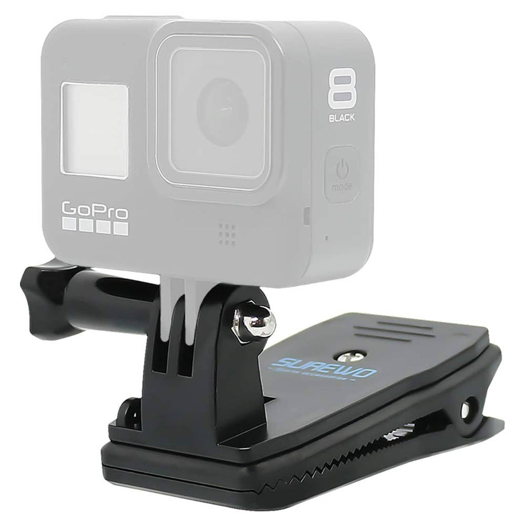 Quick-clip action camera mount with bracket for securing to backpack straps