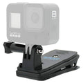 Quick-clip action camera mount with bracket for securing to backpack straps