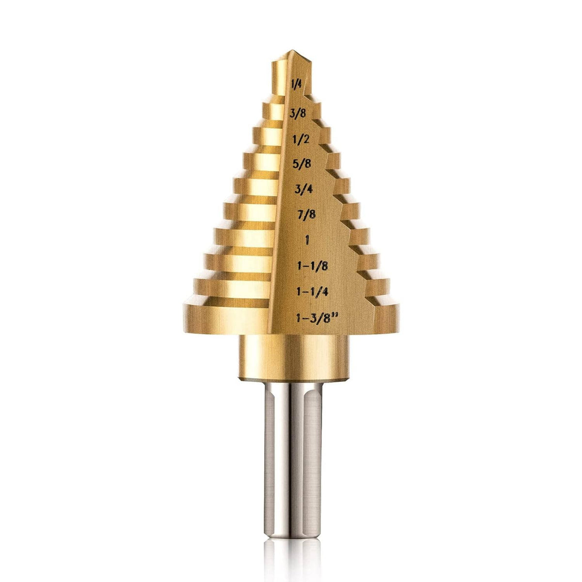 Gold step drill bit with stepped cone, printed fraction sizes, and silver shank