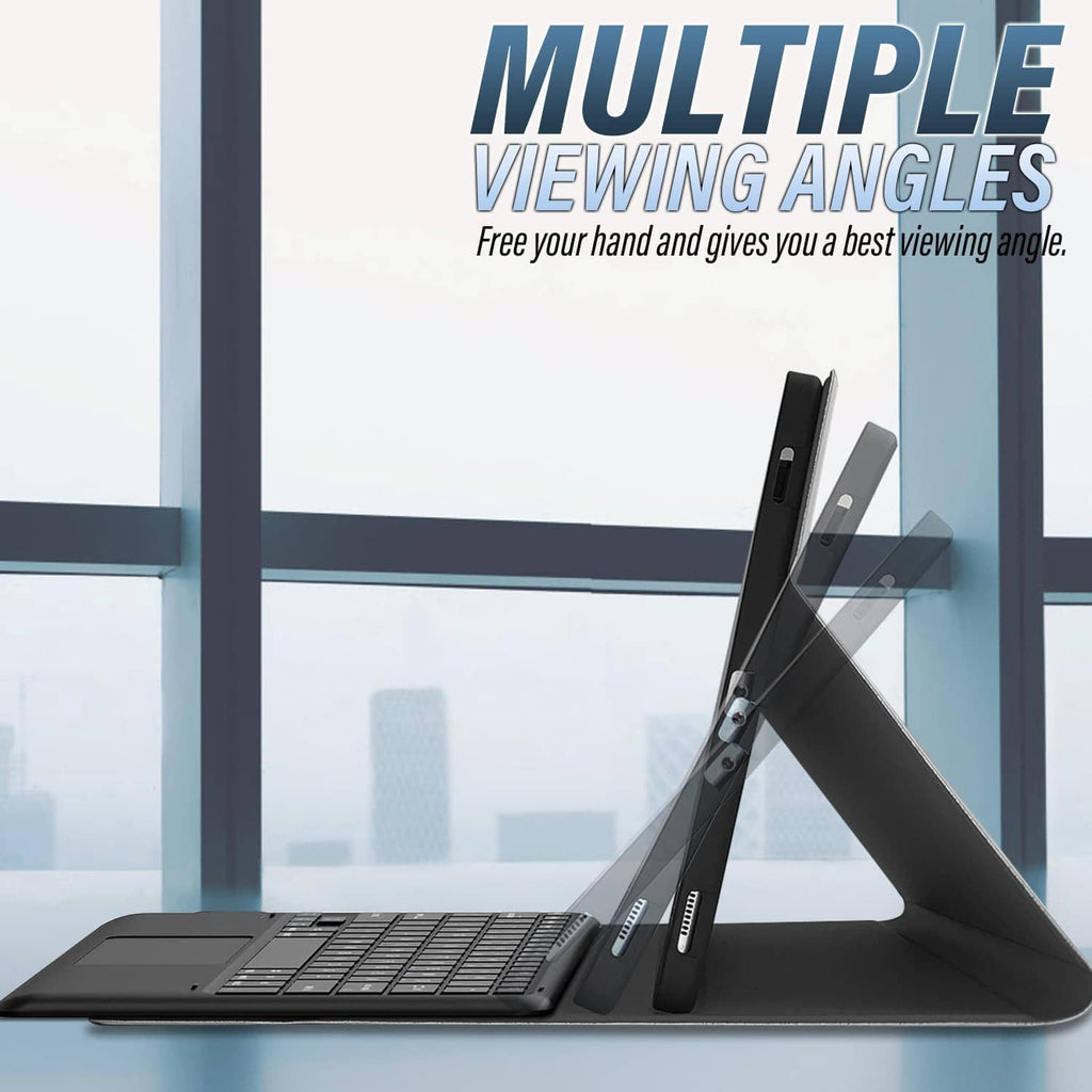 Black keyboard case with touchpad, adjustable stand holding tablet at an angle