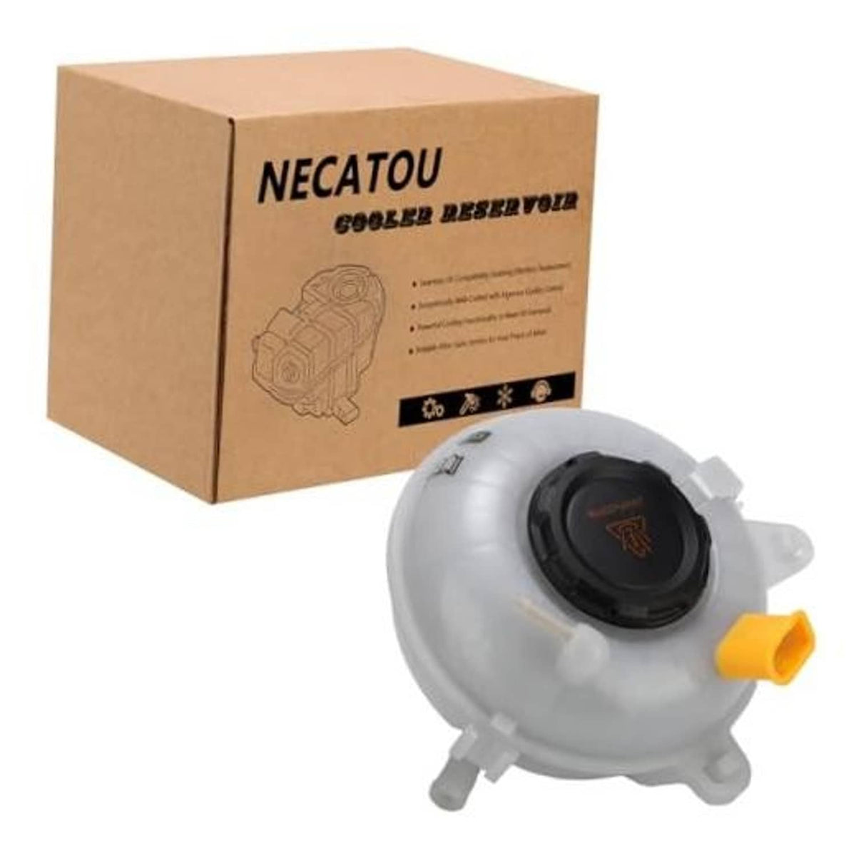 Engine coolant reservoir tank with cap, white plastic and black cap with orange outlet.