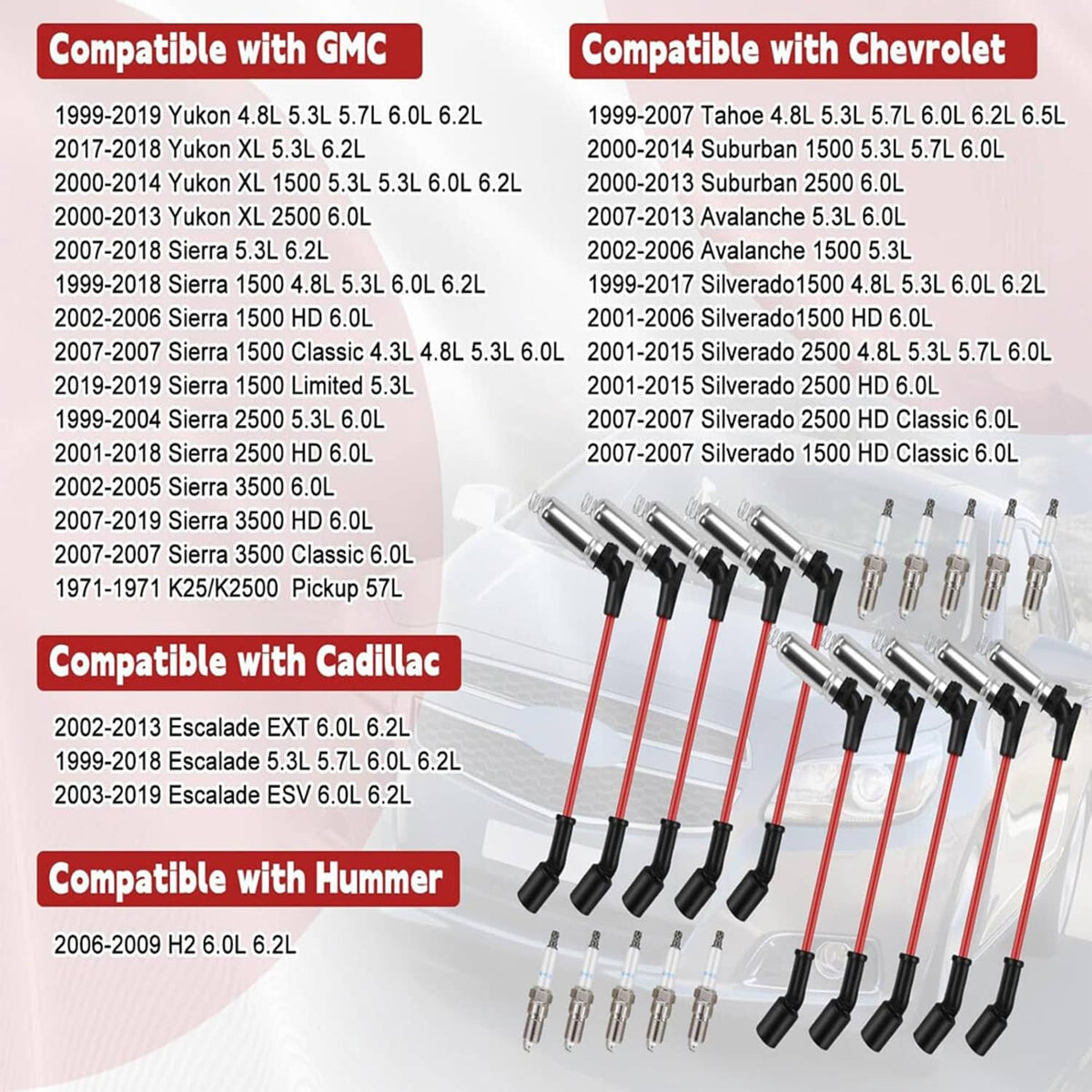 Spark plug wire set with red-and-black leads and multiple spark plugs