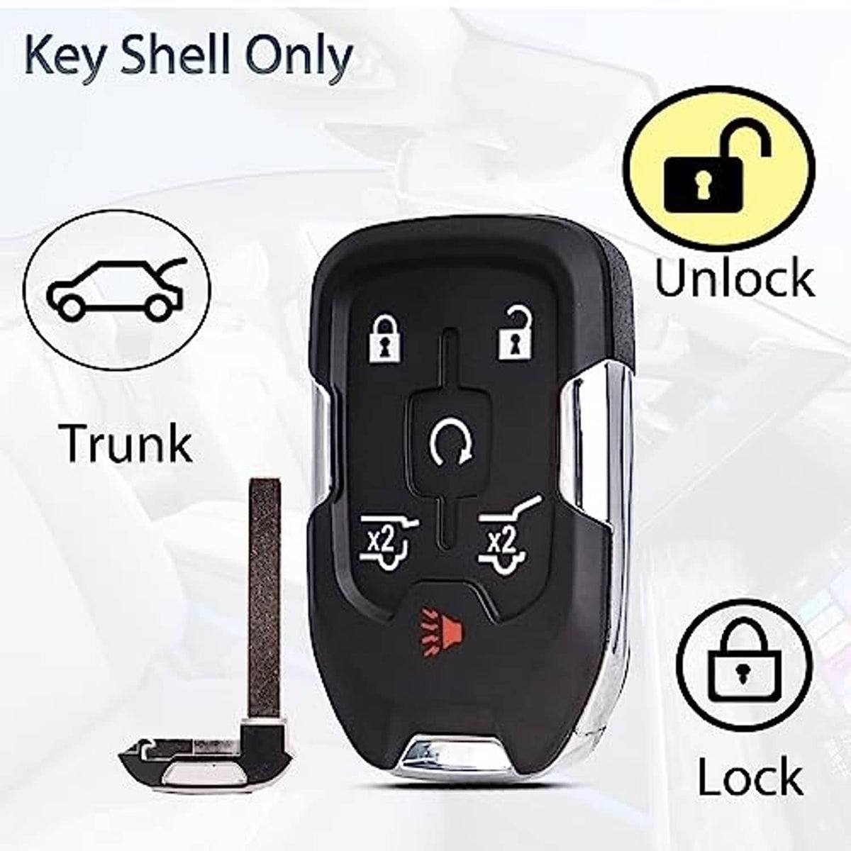 Black key fob shell case with lock and unlock icon buttons on front