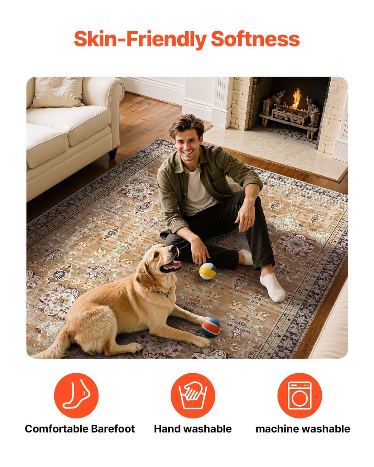 Area rug with vintage floral pattern, styled with dog for barefoot comfort