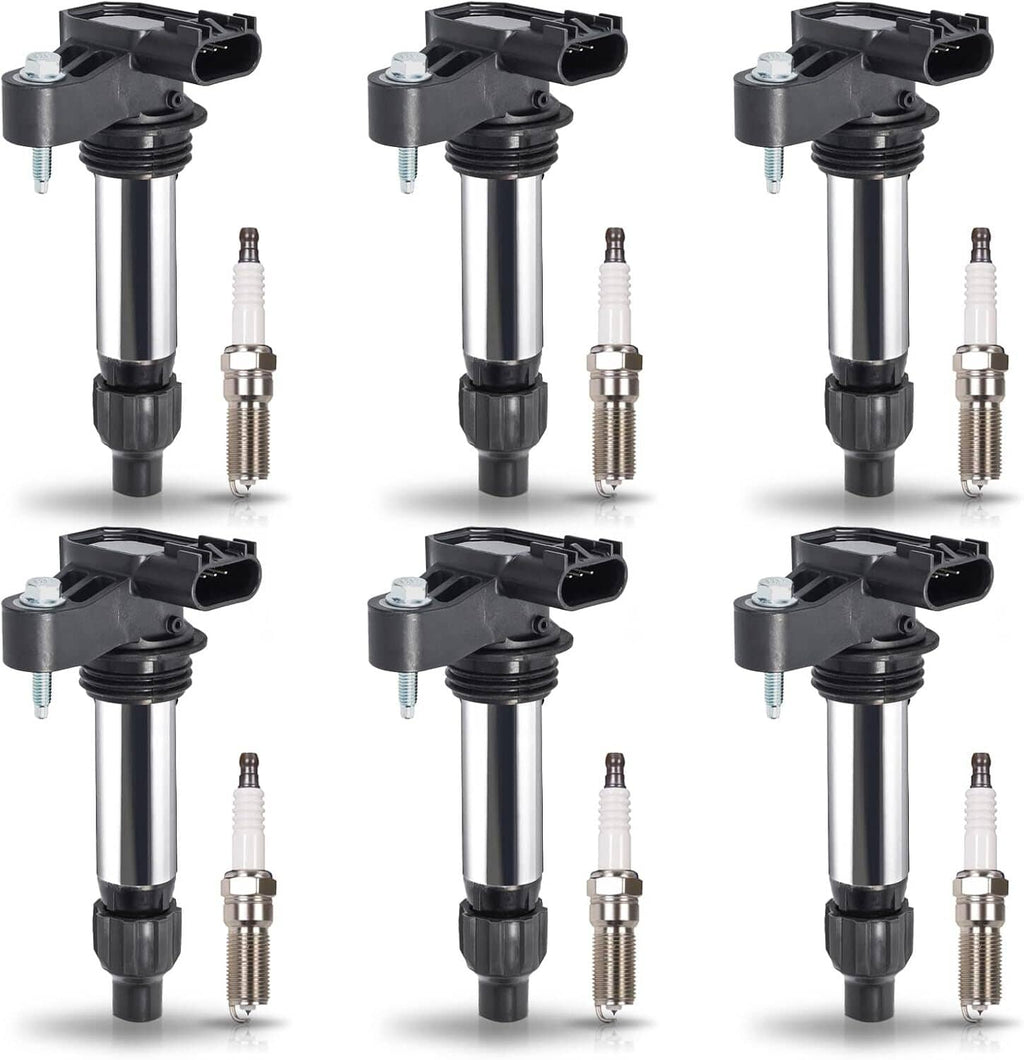 Ignition coil and spark plug set (6 pieces), black coils with chrome spark plugs