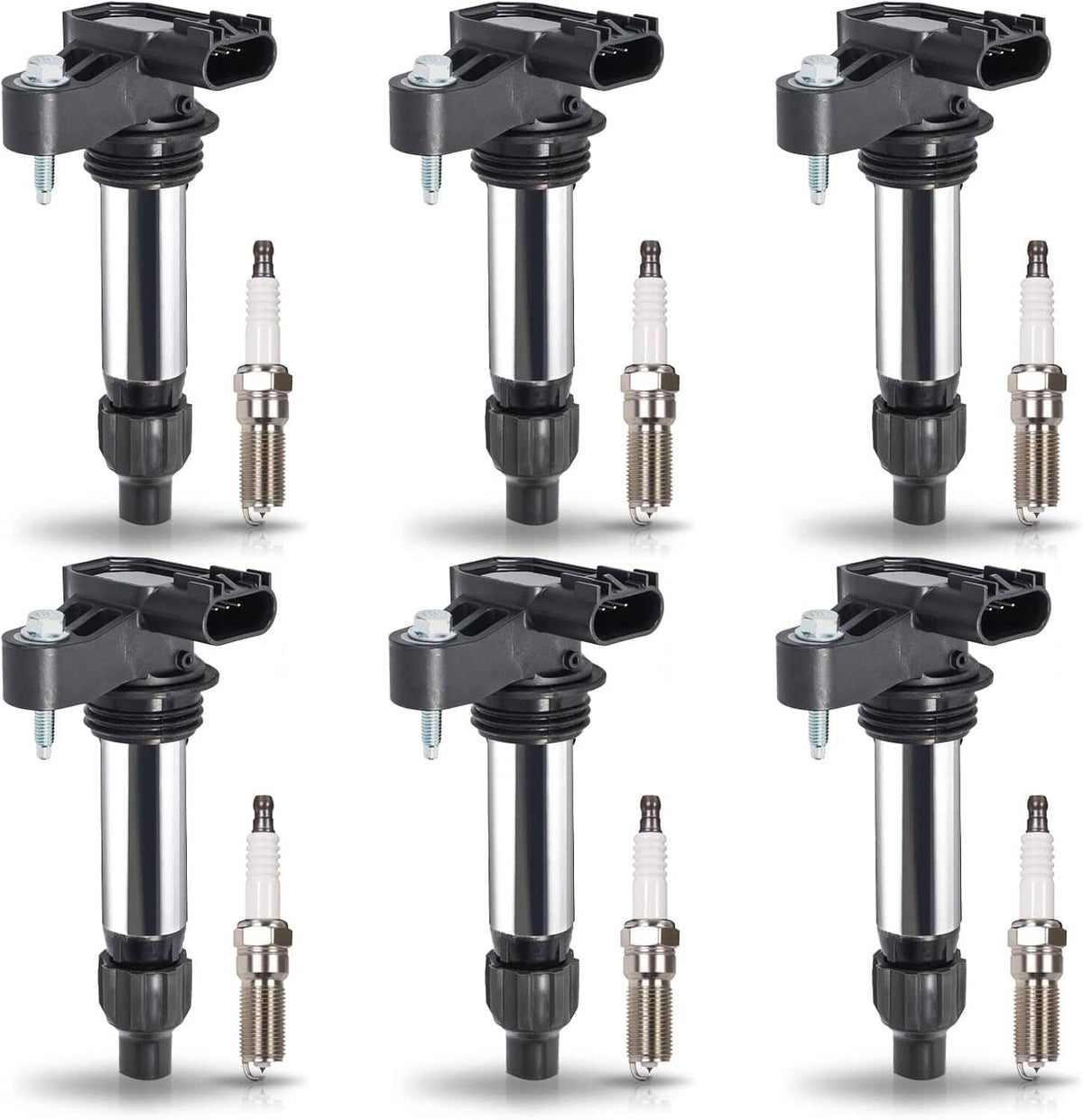 Ignition coil and spark plug set (6 pieces), black coils with chrome spark plugs