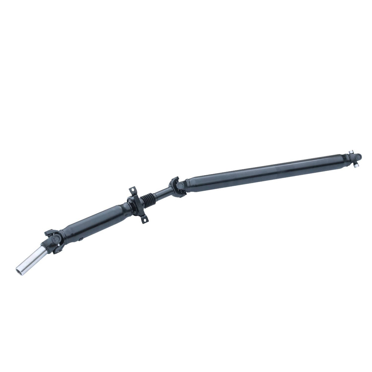 Rear driveshaft prop shaft assembly, black tube with silver yoke ends, side angle