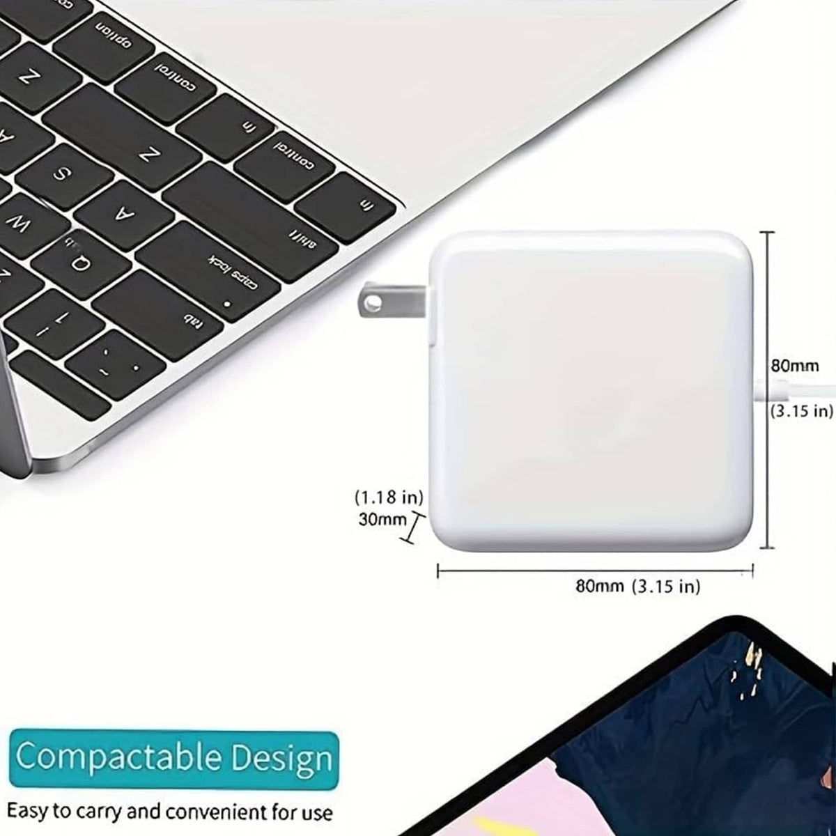 Compact square power adapter with cable, about 80 mm size