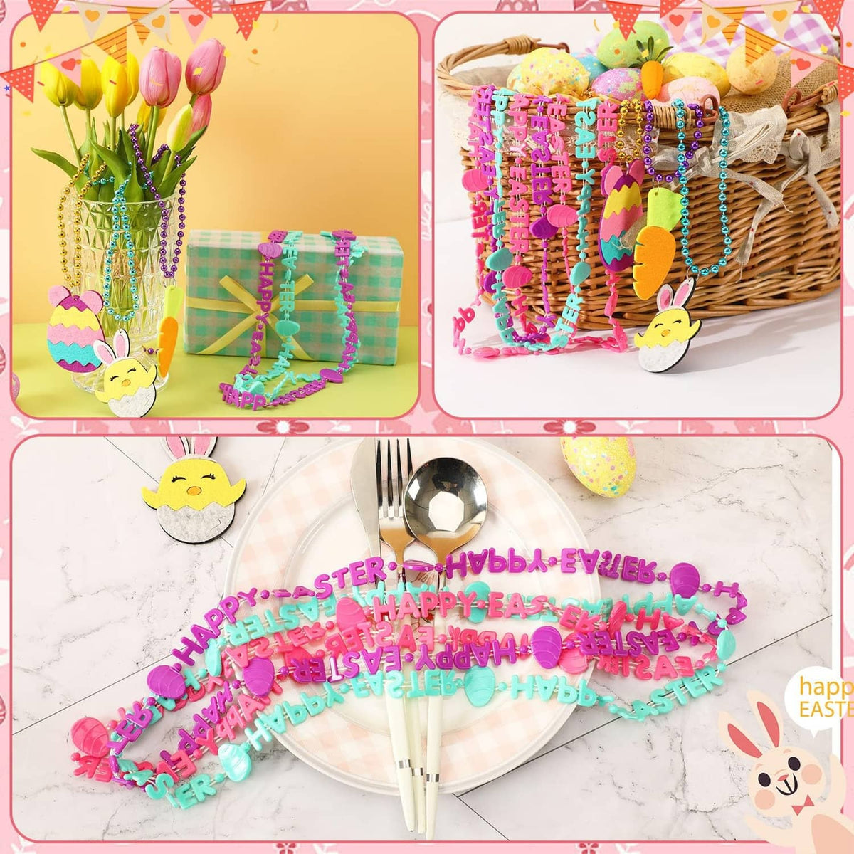 Easter metallic bead necklace set laid out with bunny and egg-shaped charm pieces