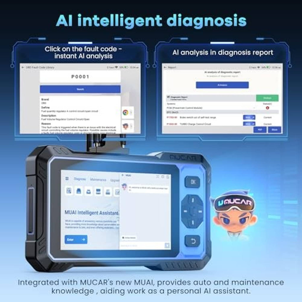 OBD2 scanner displaying AI intelligent diagnosis report with OK button cluster