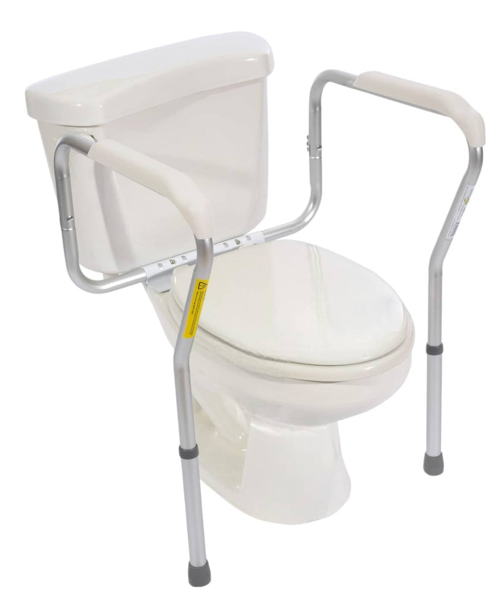 Adjustable toilet safety rail with padded armrests and height-adjustable legs, white