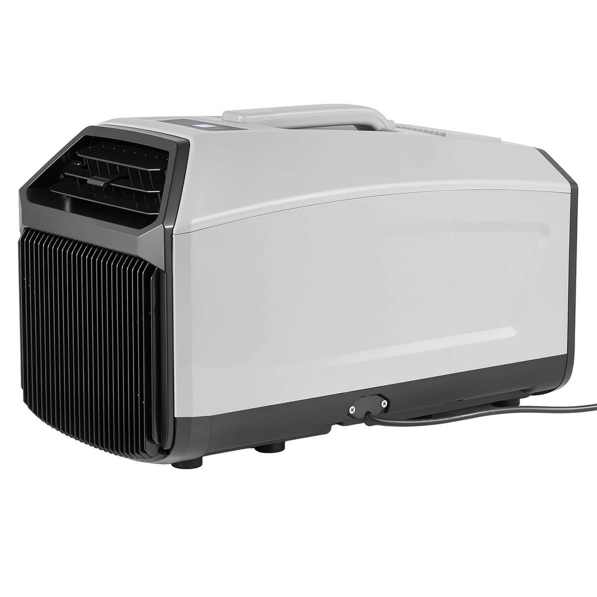 Portable tent air conditioner unit in dark gray with front vent and side vent grill