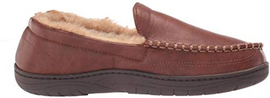 Men's tan suede-look slip-on house shoe side profile with faux fur collar