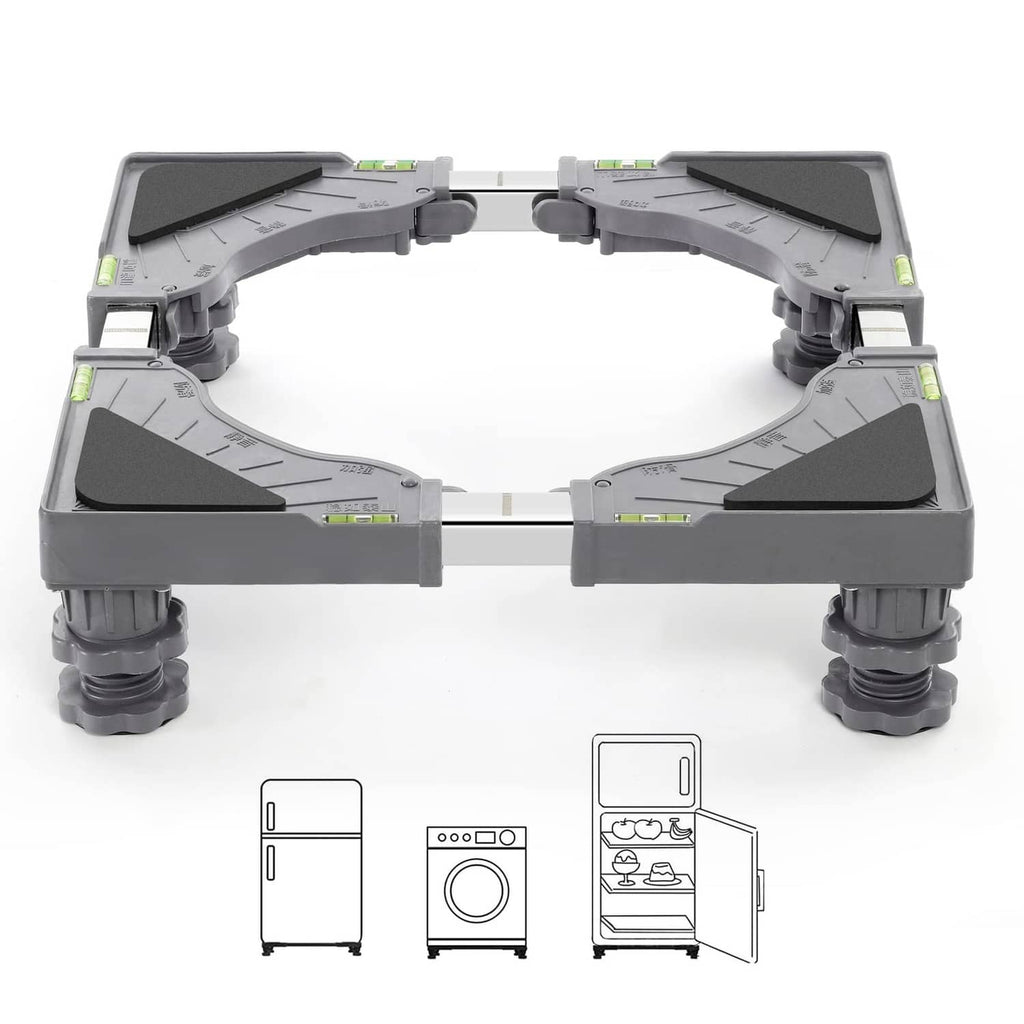 Adjustable mini fridge stand with four grey leveling legs and anti-slip pads