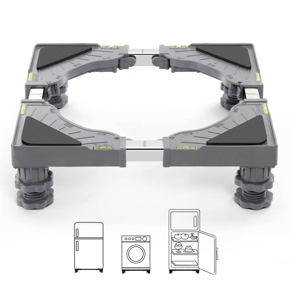 Adjustable mini fridge stand with four grey leveling legs and anti-slip pads