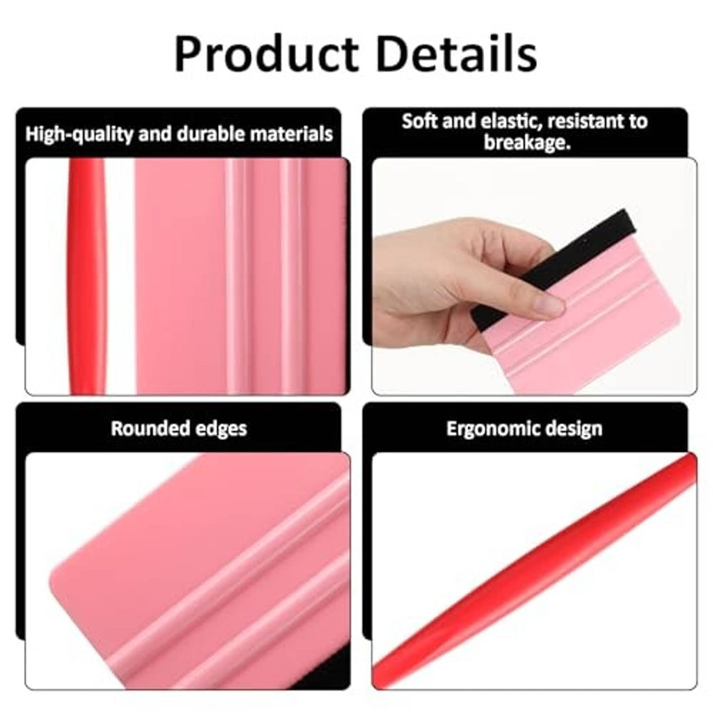 Vinyl wrap squeegee set closeup: red and pink blades with rounded ergonomic scrapers