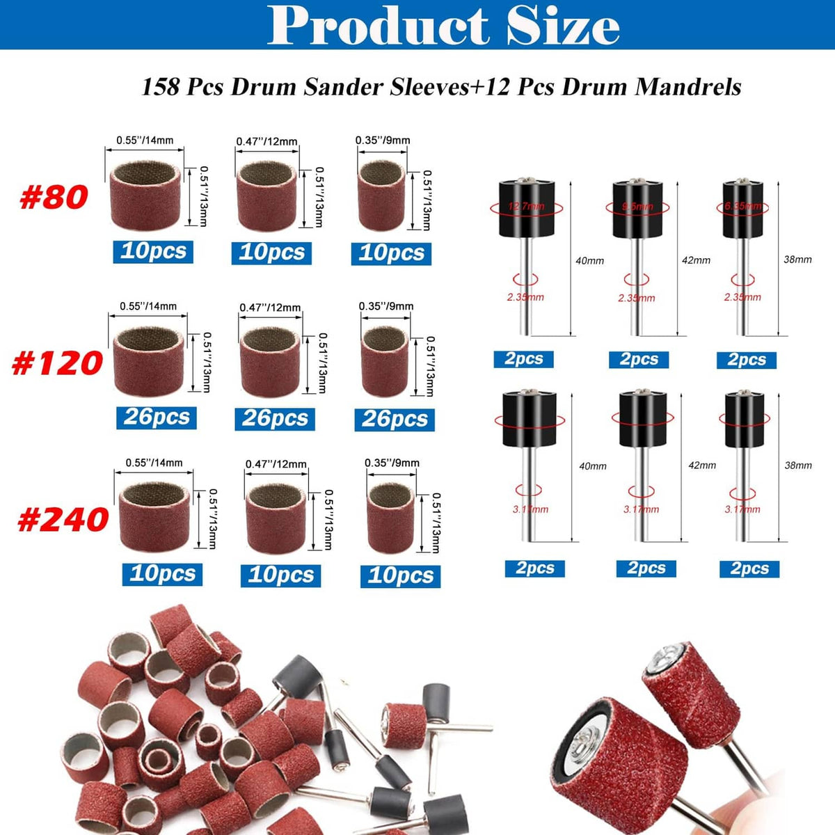 Assorted red abrasive sanding drums with metal mandrels in various sizes