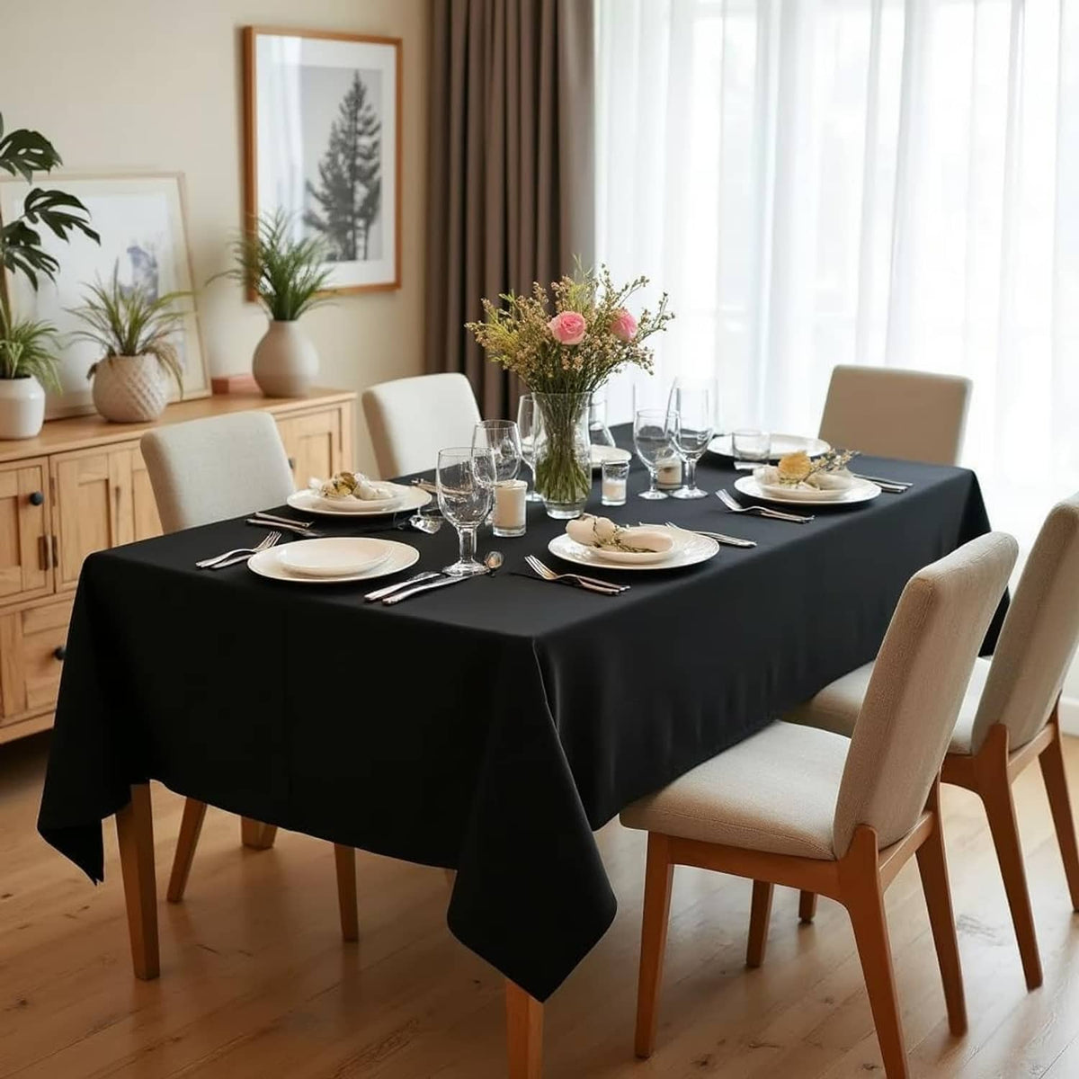 Rectangle tablecloth in dark color covering a dining table with matching overhang on all sides.