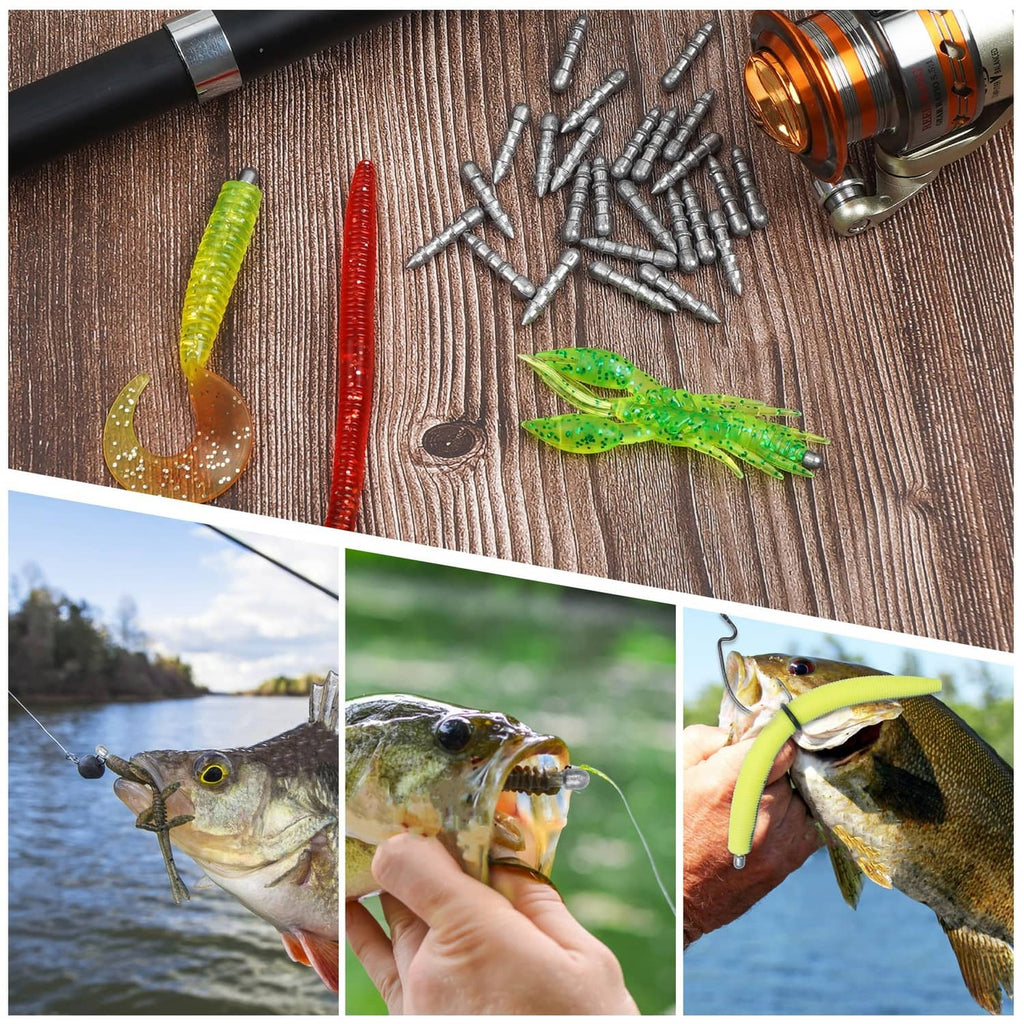 Grey nail sinker weights with soft plastic lures on a wooden fishing surface.