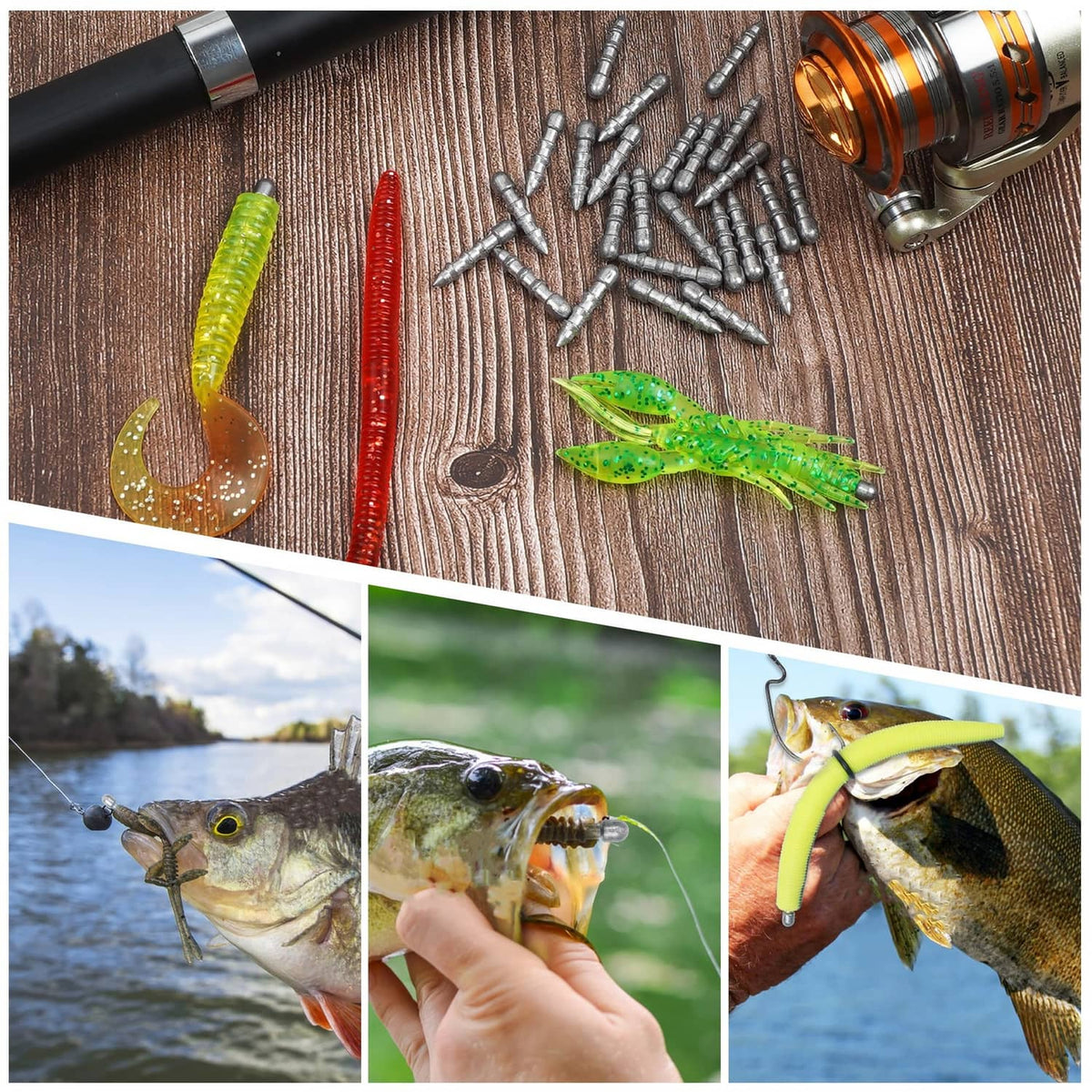 Grey nail sinker weights with soft plastic lures on a wooden fishing surface.