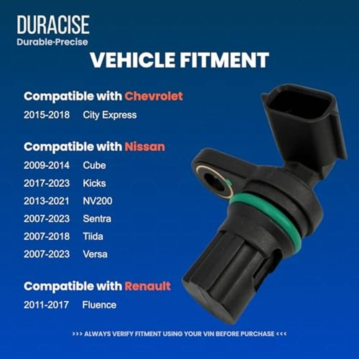 Camshaft position sensor angled view with black connector and green O-ring