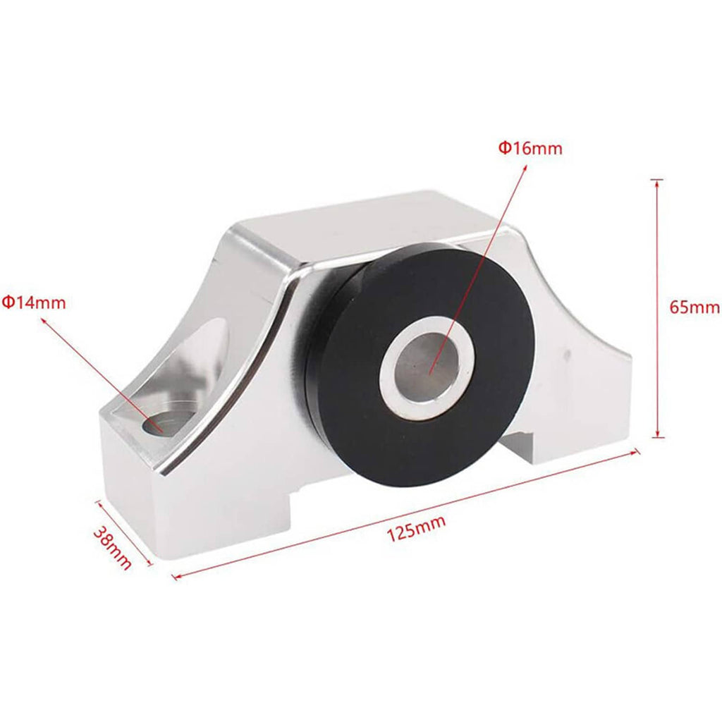 Engine motor mount with black rubber bushing in silver bracket, with dimension labels