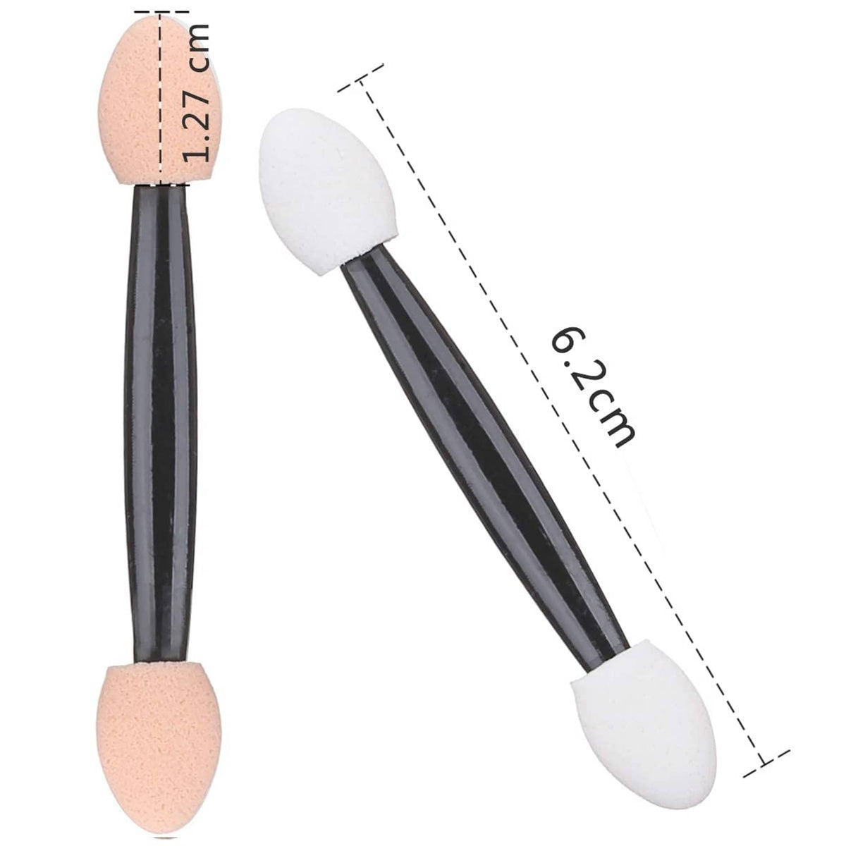 Two eye shadow sponge applicator brushes with black handles, pink and white oval sponges