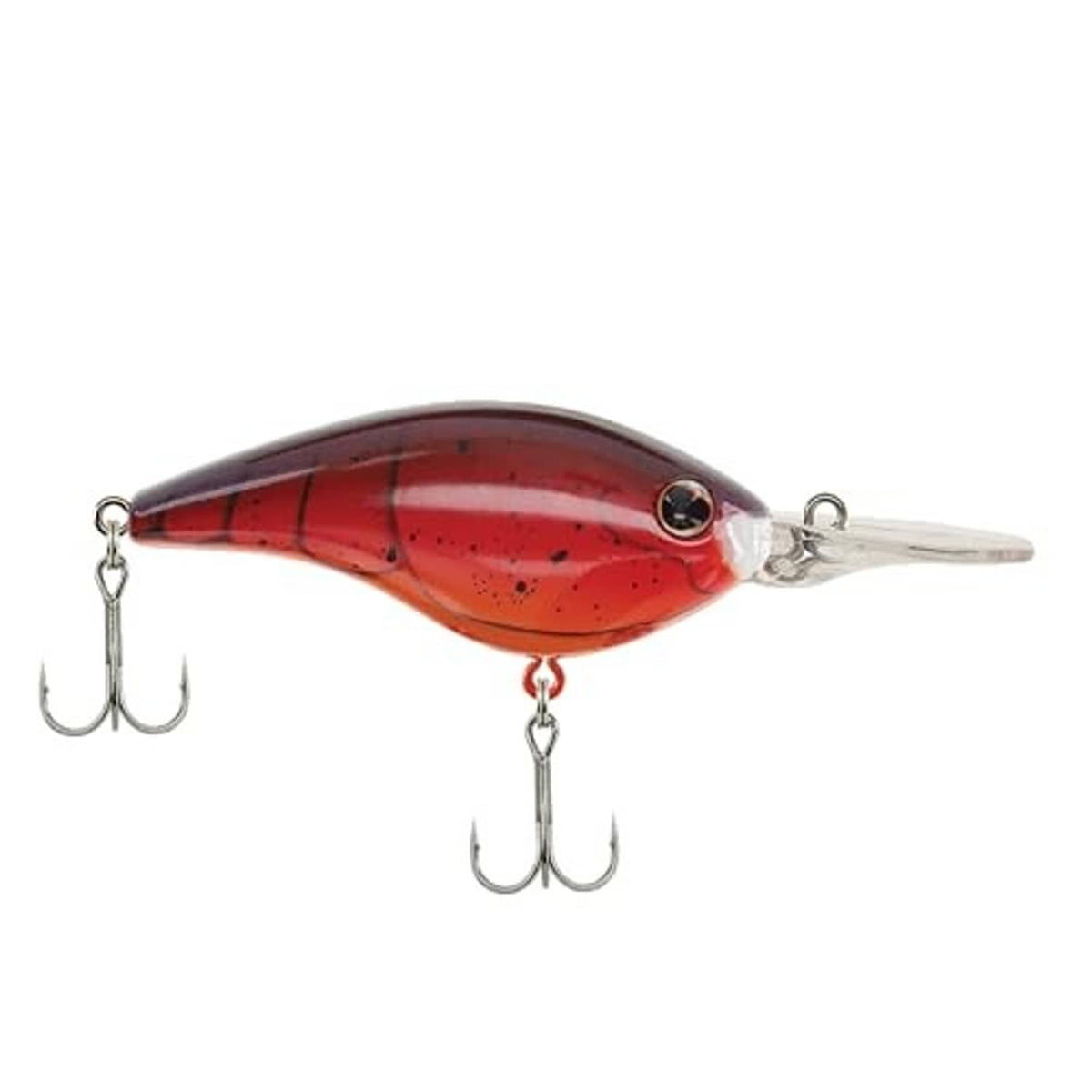 Crankbait lure with red-and-brown speckled body and silver treble hooks