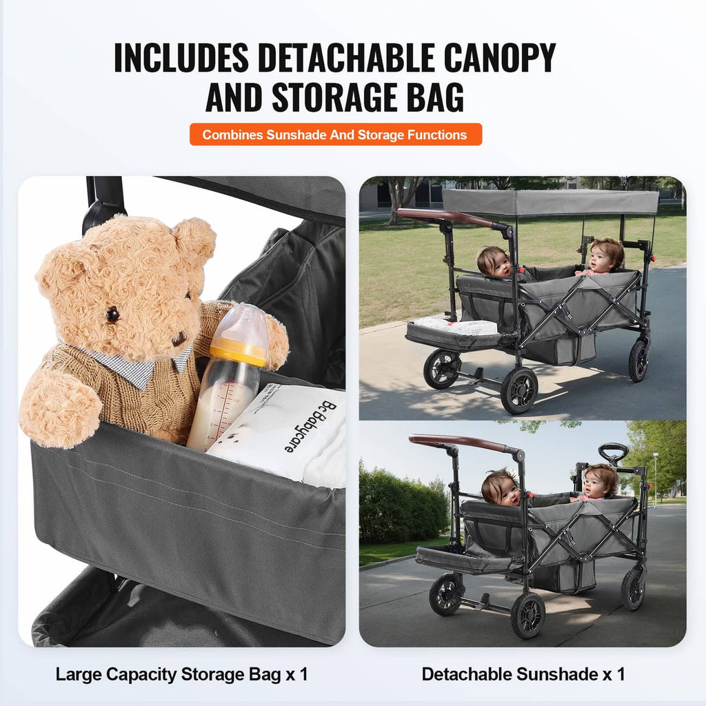 Double wagon stroller with detachable dark gray canopy and storage bag