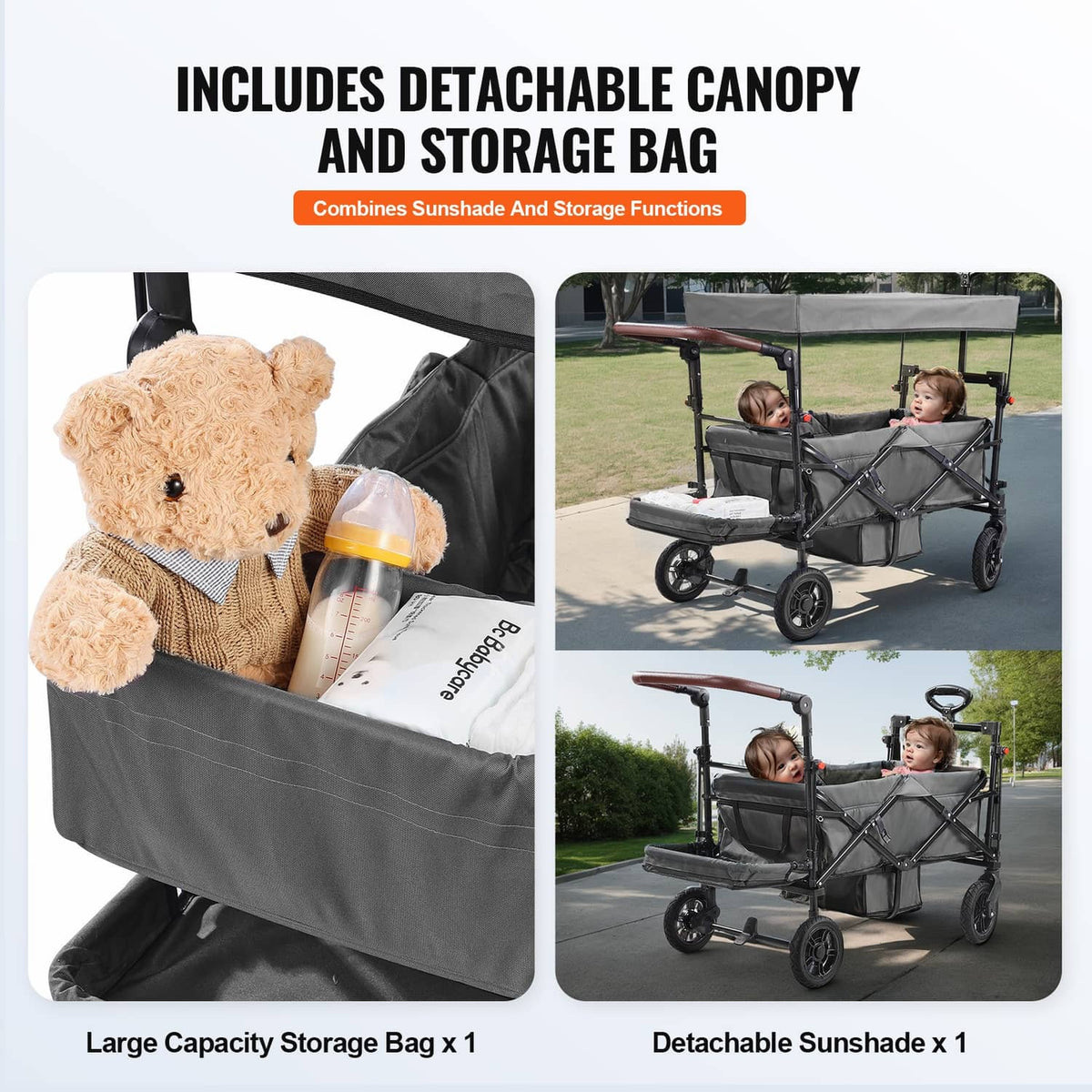 Double wagon stroller with detachable dark gray canopy and storage bag