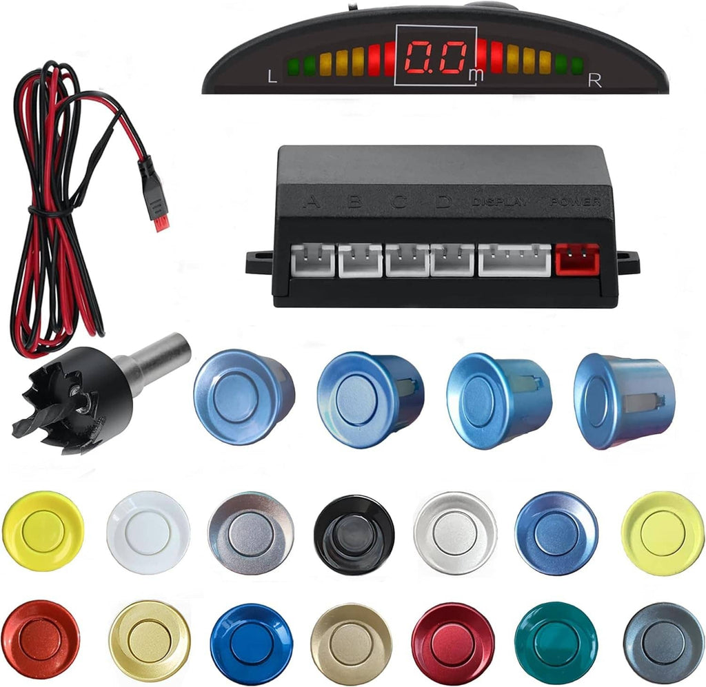 Parking sensor kit with controller, wiring harness, and blue round sensors