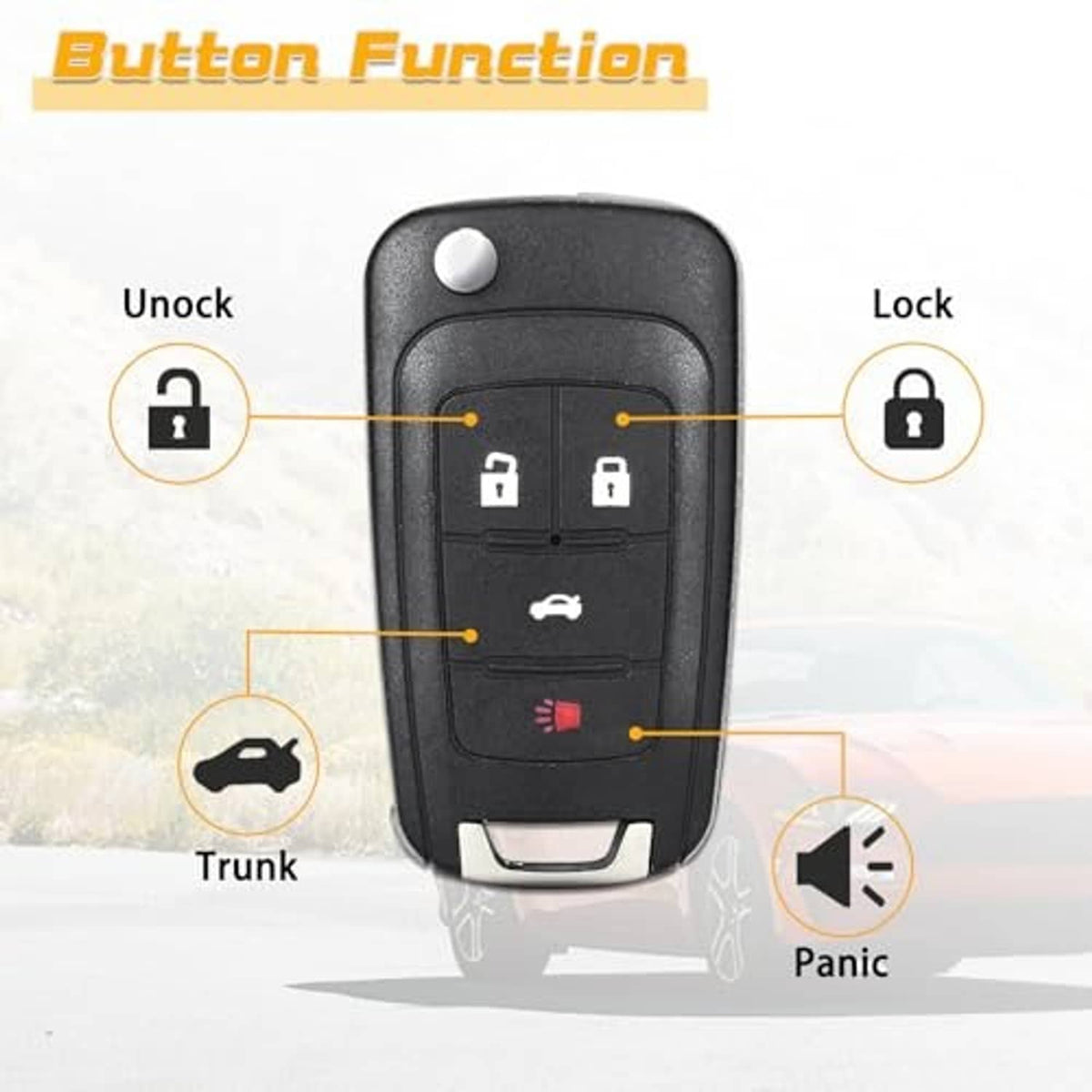 Black keyless entry key fob remote with unlock, lock, trunk and panic buttons