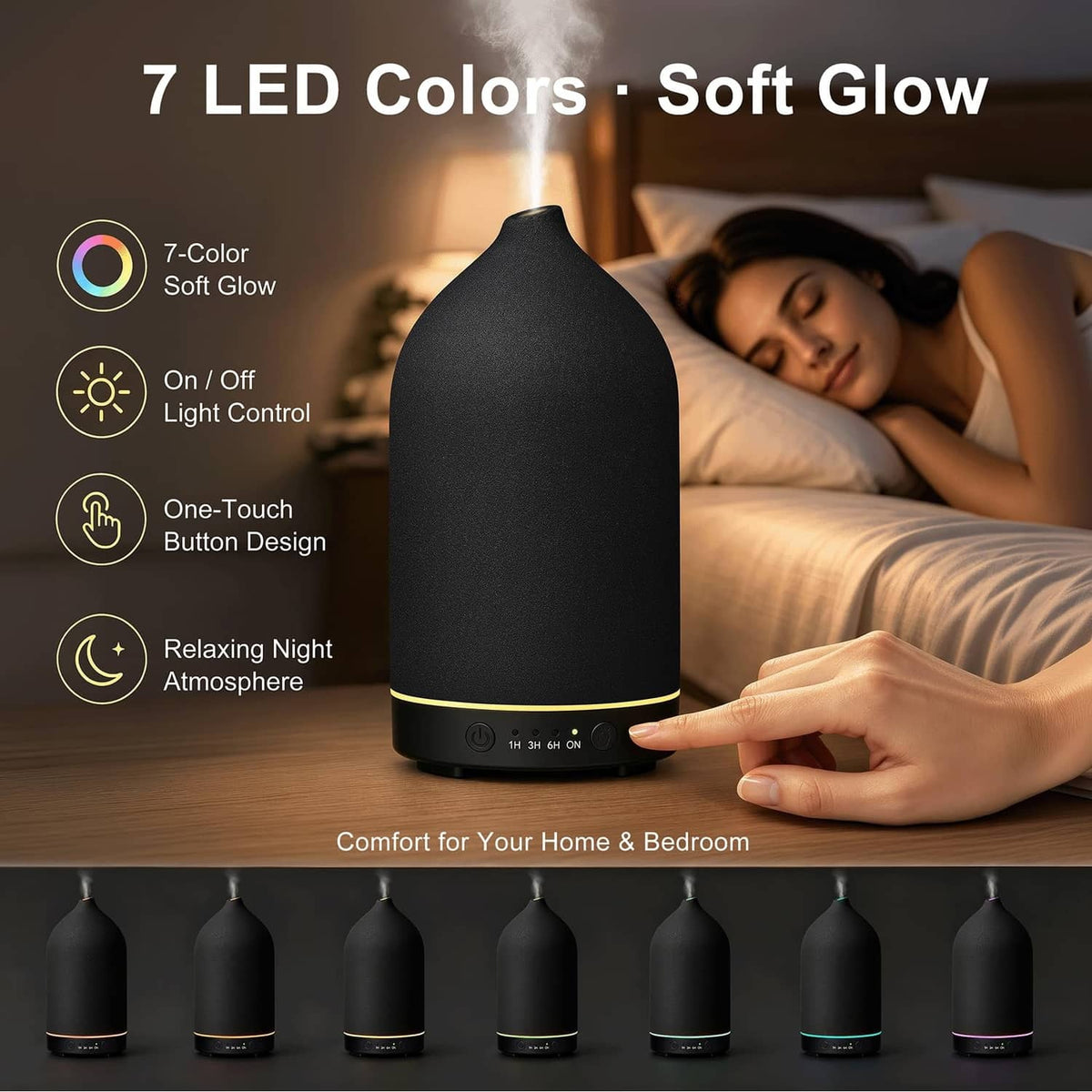 Black essential oil diffuser with soft LED glow and hand controlling settings
