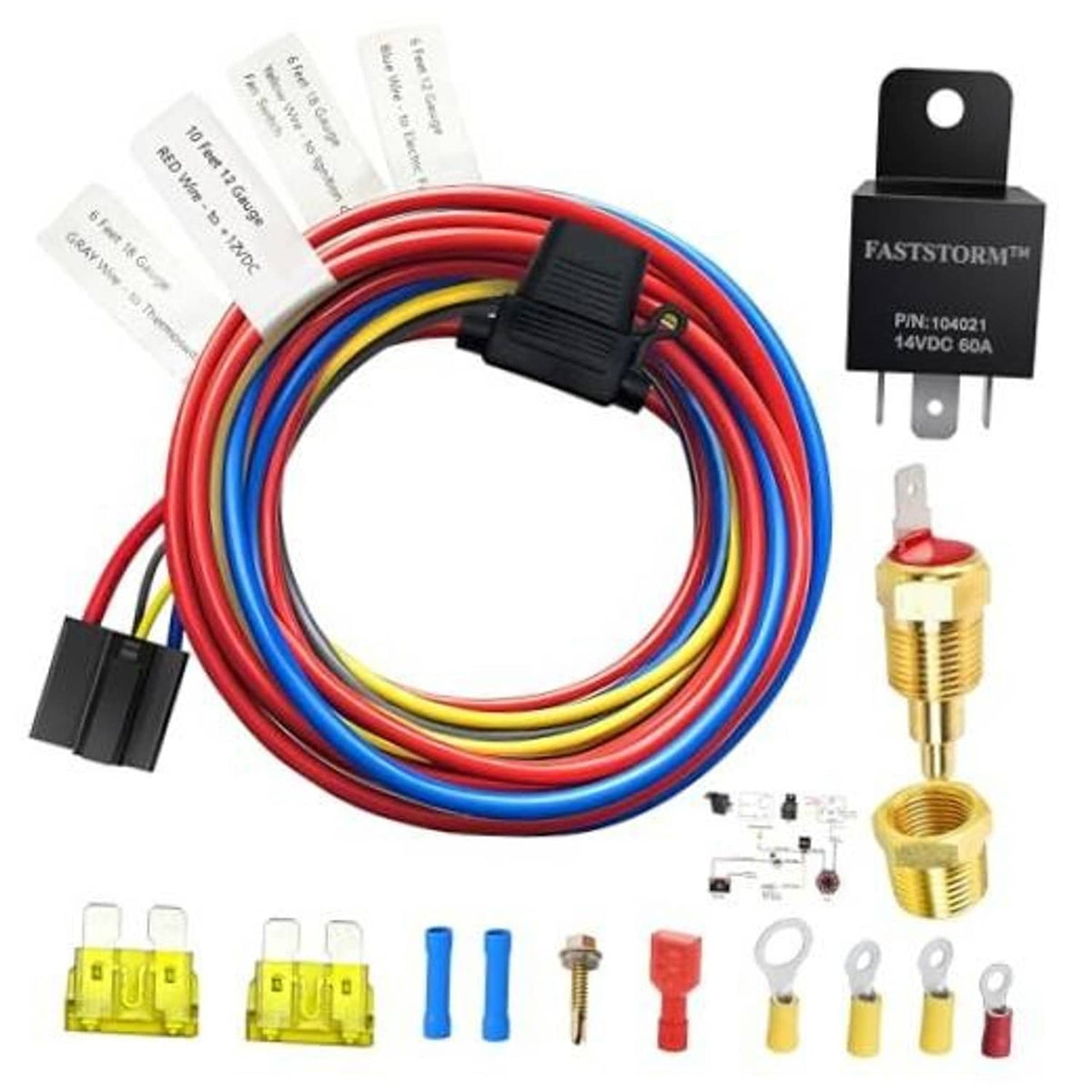 12V 60A electric fan relay wiring harness kit with bundled red, blue, yellow, and gray wires