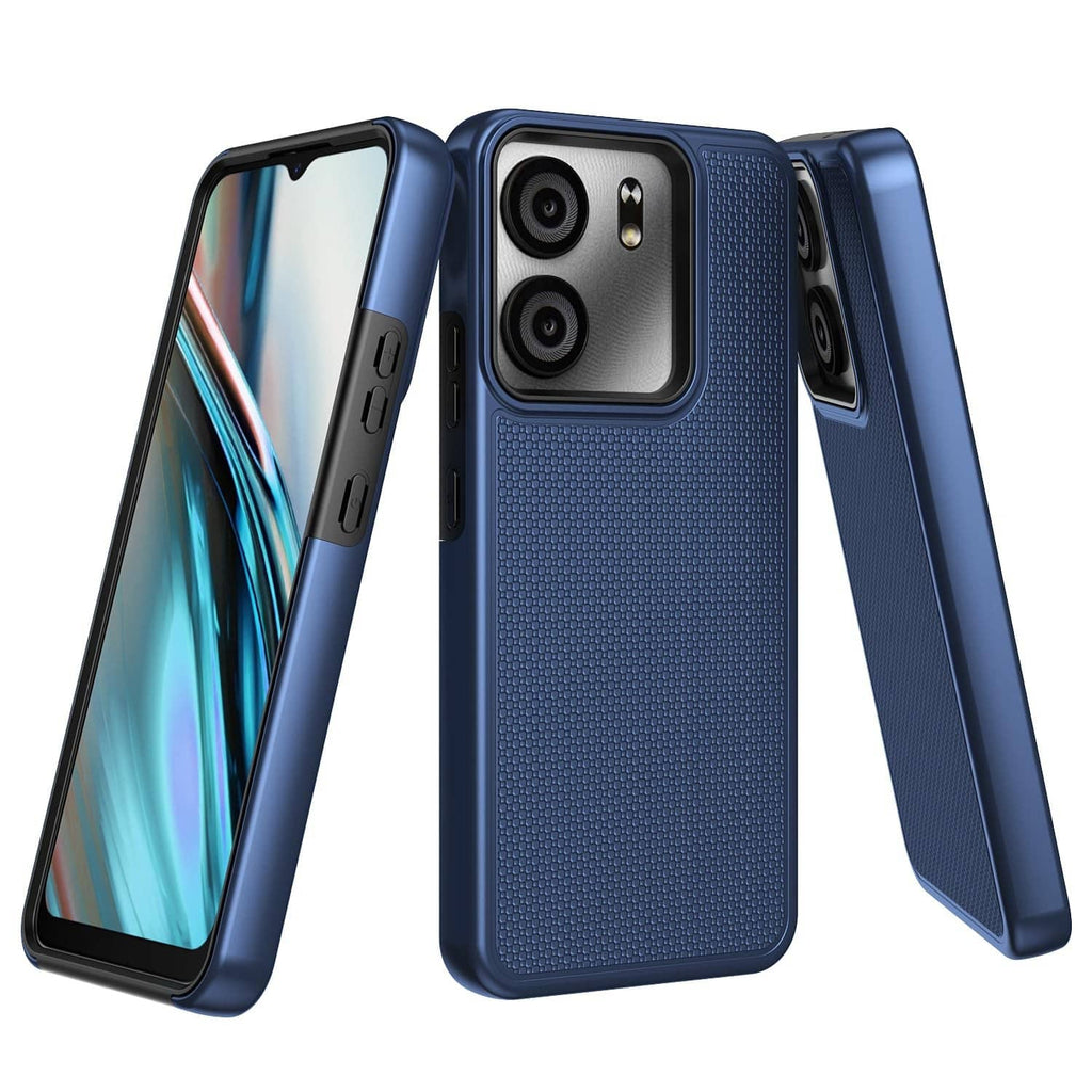Blue textured phone case with screen protector and camera cutouts, side button openings visible
